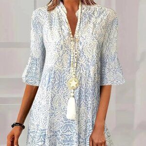 NWT  Blue and White Dress 3/4 flare sleeve.  OSFA